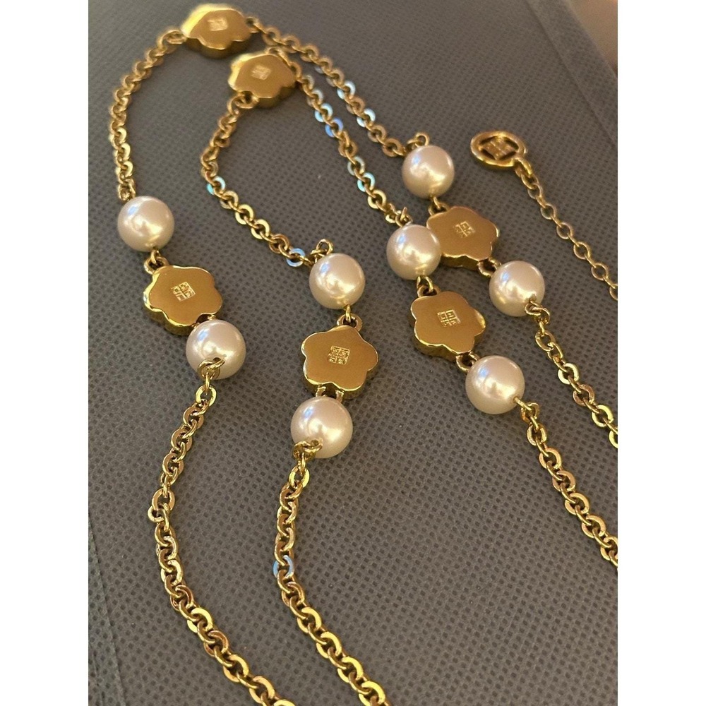 Givenchy Gold Tone Faux Pearl Flower Station Necklace 40 Inch Long Logo Charms - Picture 5 of 13